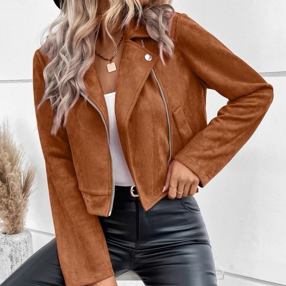 Luxe Camel Zipper Vegan Suede Moto Biker Jacket - Picture 10 of 11